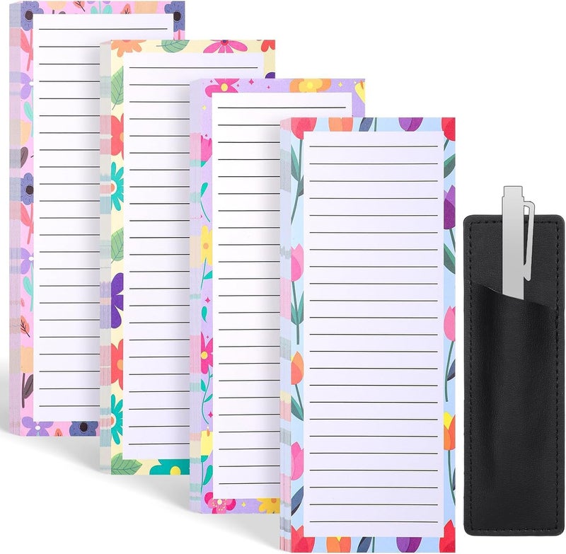 Thboxes 4 Pack Magnetic Note Pad for Fridge with Pen Holder, Totally 200 Sheets Grocery List Magnet Pad for Refrigerator Magnetic Shopping List Pad（Floral Design） - Image 1